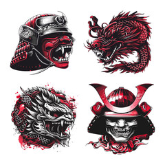 Samurai and dragon red head vintage tattoo sketch or stickers, medieval japanese warrior helmet mask evil fighter military mascot print emblem trash polka set vector illustration - 799941455