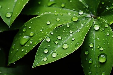 Lush green leaves with water droplets