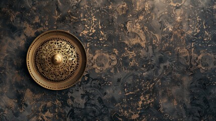 Elegant antique golden astrolabe on a textured dark marbled surface, exhibiting intricate Islamic art patterns.