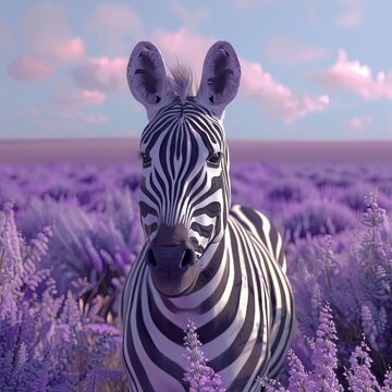 3Drendered zebra in a pastel violet grassland, suitable for wildlife documentary content, high definition, closeup , no dust