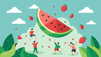 The sweet refreshing scent of watermelon filling the air tempting onlookers to want to join in on the fun.. Vector illustration