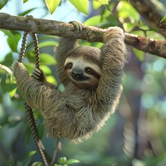 Gentle 3Drendered sloth hanging from a pastel green tree, suitable for slow living themes, high definition, closeup , no grunge