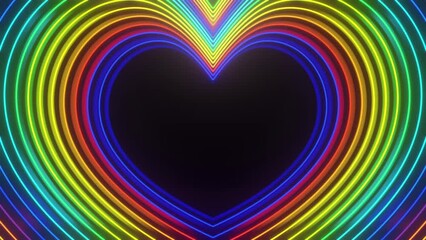 Vibrant neon rings form a glowing heart shape in rainbow hues against a dark background, symbolizing love and diversity. - Powered by Adobe