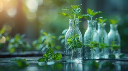 Plants growing in bottles represent eco-friendly practices.