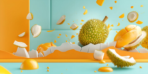 Durian fruit breaking through a turquoise wall, a striking image for themes of impact and tropical flavors