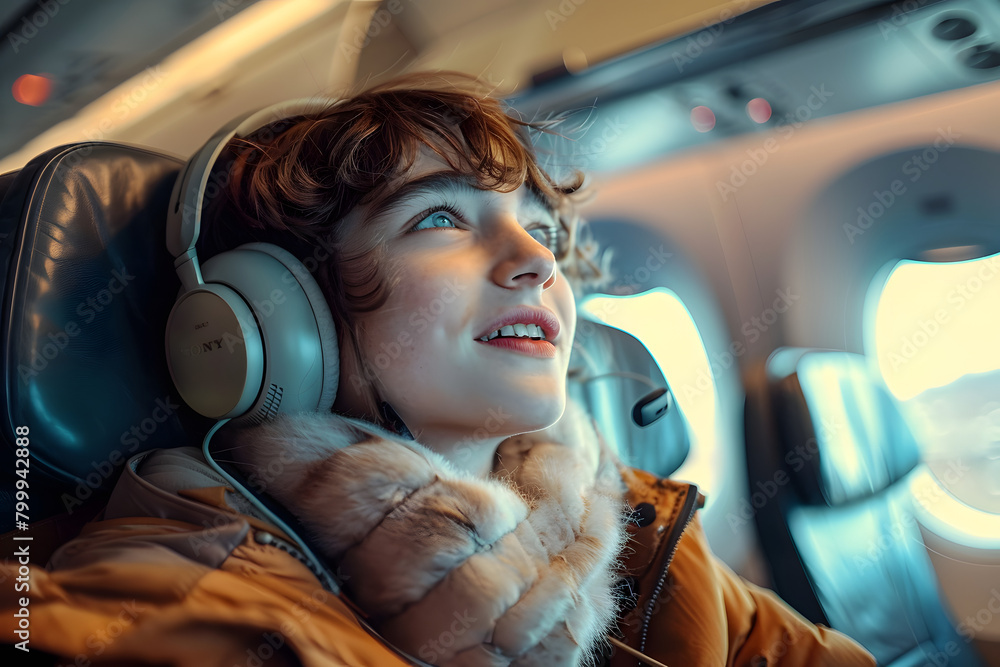 Poster Young person listening to music in an airplane