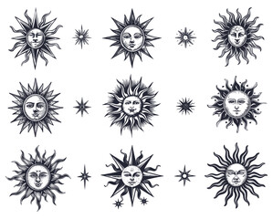 Sun tattoo vintage sketches, suns face and stars astrology magic mystic esoteric occult tarot abstract bohemian engraving set isolated vector illustration - 799942815