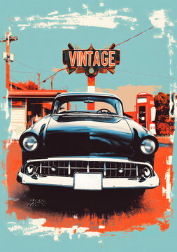 une vieille voiture américaine devant une ancienne station essence avec l'enseigne "VINTAGE"