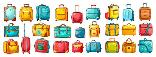 Touristic suitcases. Travel trip baggage journey suitcase voyage business case plastic luggage with handle briefcase for tour flight transportation set cartoon vector illustration - 799943275
