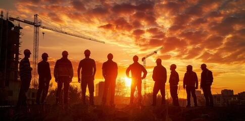 Fototapeta premium construction site builders workers at sunset
