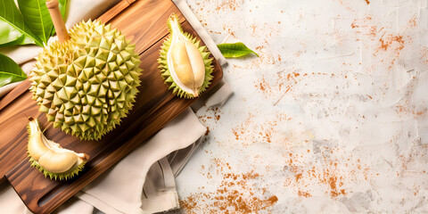 Artistic durian composition on a textured backdrop with copy space, suitable for culinary art and high-end gastronomy visuals