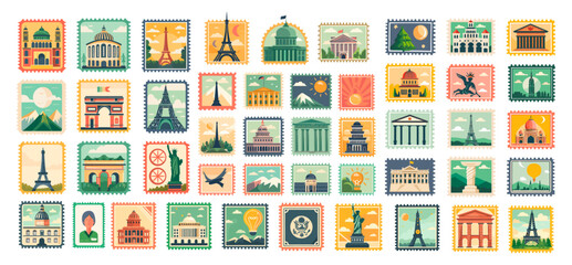 Travel stamps cartoon icons, postage stamp with attractions for mail postcard departure or baggage delivery sticker, journey sights of countries in frames set vector illustration - 799943481