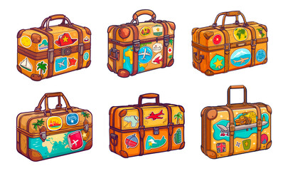 Travel suitcases, touristic leather luggage with travelling destinations stickers, airplane baggage journey trip vintage labels fashion briefcase set cartoon vector illustration - 799943684