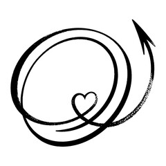 Hand drawn black arrow with a heart isolated on a white background. Illustration with place for text. Abstract Frame. 

