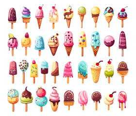 Vanilla ice cream collection, strawberry cherry flavor soft icecream or chocolate popsicle on stick frozen milk scoop ball colourful summer sweets cartoon set vector illustration - 799943876