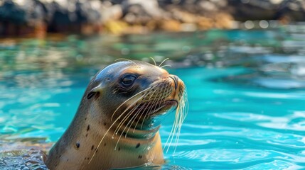 Closeup shot of the sea lion in its natural habitat gracefully swimming through crystal clear waters, banner with copy space.