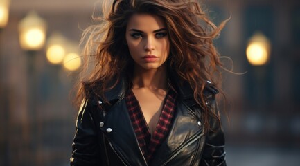 Confident young woman with flowing hair in leather jacket