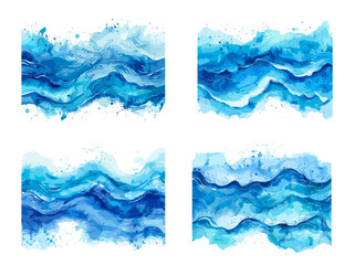 Watercolor waves pattern, sea wave curve flow blue liquid ink paint splash abstraction fluid indigo seascape texture painting brush strokes set vector illustration - 799944695