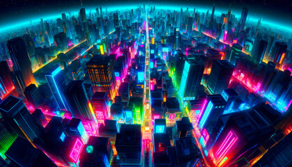 Futuristic neon cityscape at night, a vibrant tableau of urban life with glowing skyscrapers.
