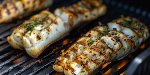monkfish grilled on a grill barbecue.