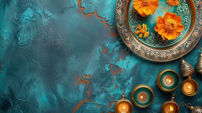 Elegant teal and copper themed decorative setup with floral patterns, candles, and a plate with fresh flowers.