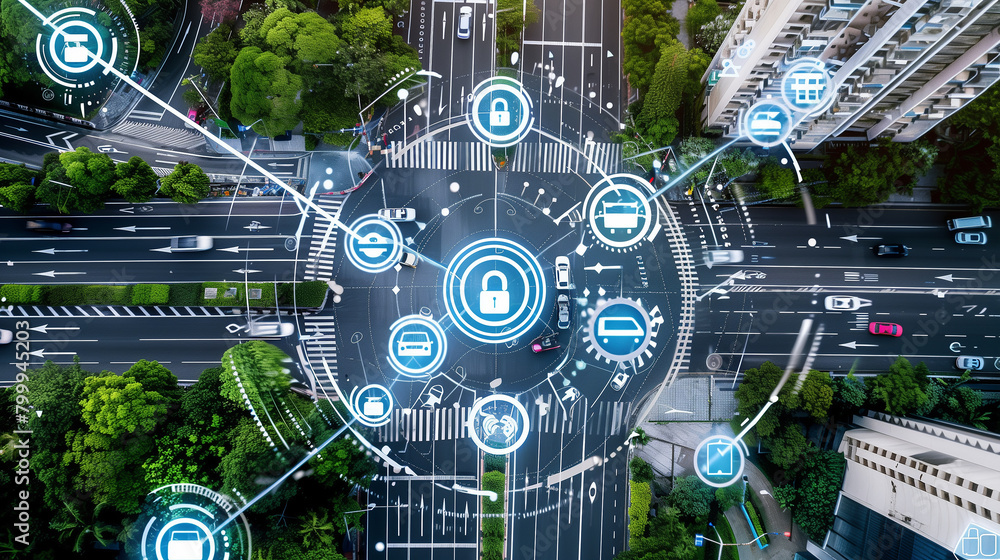 Poster a smart city where iot sensors and ai optimize energy usage, traffic flow, waste management, and pub