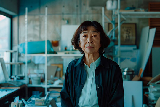 An elder woman is depicted in a thoughtful portrait within a cluttered creative workshop