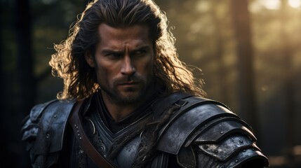 Rugged warrior with long hair and beard in armor