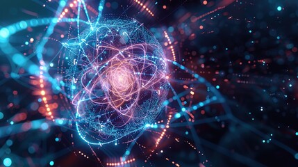 Obraz premium High tech server visualization, displaying particle data streams, circular computing interfaces, and virtual reality environments