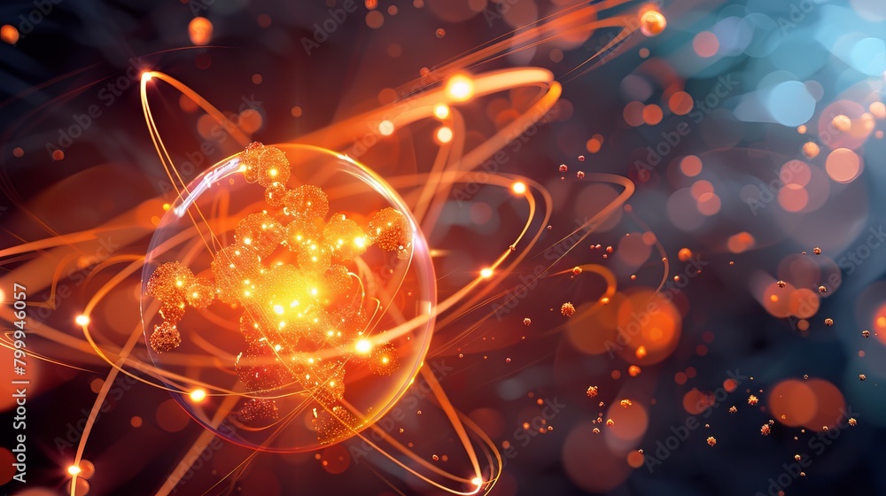 Aufkleber dynamic illustration: electrons orbiting atomic nucleus - conceptual quantum mechanics visualization
