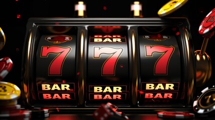 An exciting casino scene featuring a slot machine with triple sevens, surrounded by chips and dice.