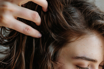 Naklejka premium Close up image of woman touch hair head created with generative ai concept