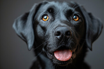A sleek black Labrador licking its lips after finishing a meal of premium beef and rice dog food. - Powered by Adobe
