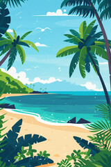 Tropical Hawaii Beach illustration. Summer tropical palms background. Summer vibes poster.