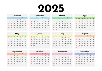 Calendar for 2025 isolated on a white background