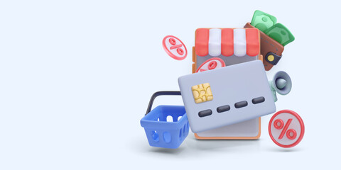Sale online concept in realistic style with credit card, store, wallet, basket, megaphone, discount. Vector illustration