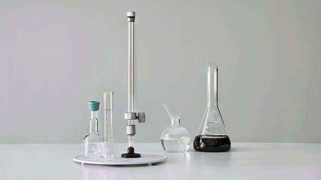 Chemistry laboratory equipment: titration setup with burette and conical flask for scientific experimentation and analysis
