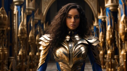Fototapeta na wymiar Powerful female warrior in golden armor