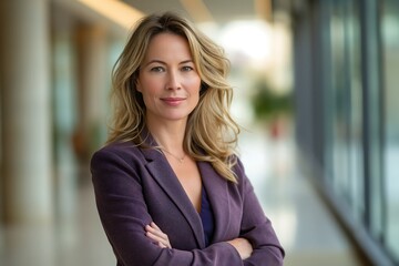 Happy business woman CEO standing in office arms crossed. Smiling mature confident professional executive manager, proud lawyer, businessman leader wearing violet suit