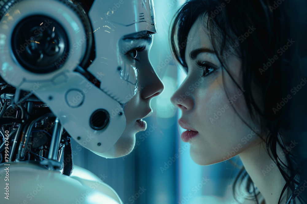 Poster human against modern robot machine made with generative ai