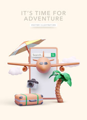 Tourism concept poster in realistic style with phone, search bar, suitcase, palm tree, camera, airplane, clouds, umbrella. Vector illustration