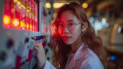 A laboratory technician using a fluorescence spectrophotometer to measure protein concentration,Displaying fluorescence intensity on its screen - obrazy, fototapety, plakaty