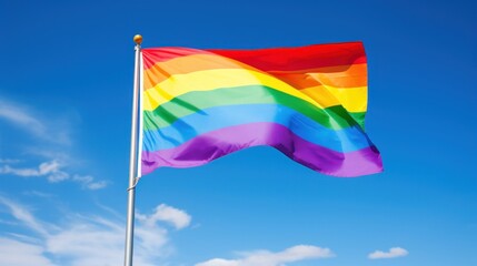 Vibrant Rainbow Flag Waving Against Blue Sky