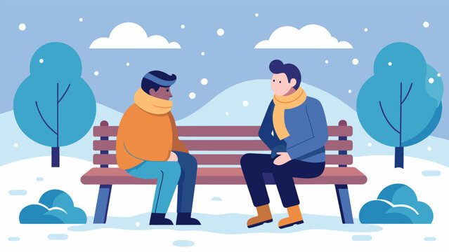 A snowcovered park bench becomes the setting for a heartfelt conversation between two best friends each baring their souls.. Vector illustration