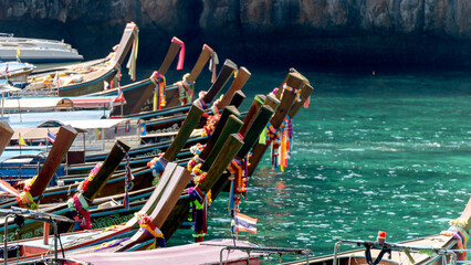 National Thai boats on a sandy beach in Thailand