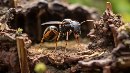 A black and yellow wasp on a piece of wood.