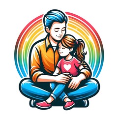 Illustration of father with his little daughter on expedition. Concept of Father's day, fathers love, relationships between dad and child.