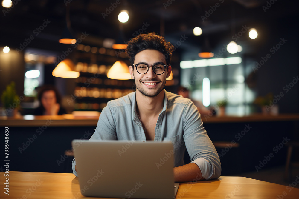 Aufkleber generative ai photo of smiling person working as a tutor from cafe distance lesson
