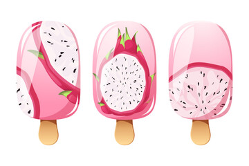 Dragon fruit ice cream, fruit popsicle on a wooden stick with pitahaya pieces. Summer cold dessert, frozen juice, fruit ice. Vector illustration.