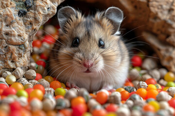 A curious hamster peeking out from its cozy nest, surrounded by a variety of colorful seeds and pellets.